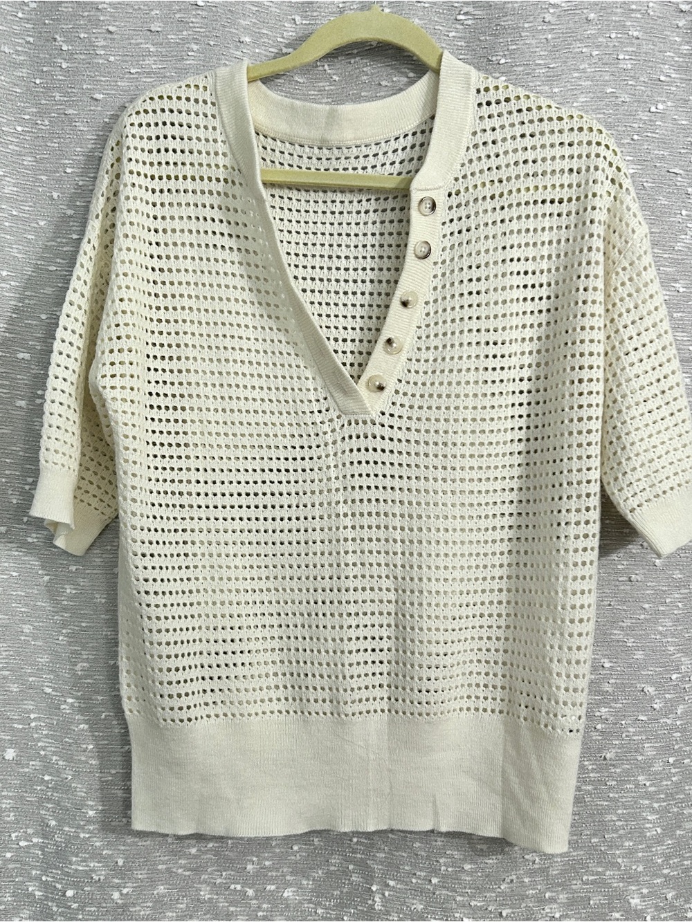 Cream Open-Knit V-Neck Button Pullover Sweater